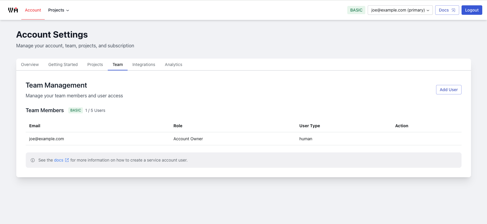Account users page showing Add User button