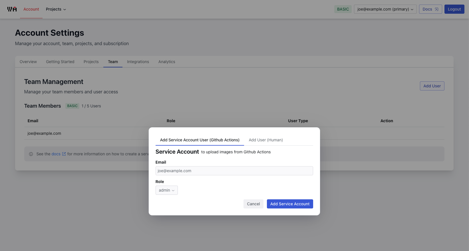 Add Service Account User tab with GitHub Actions option