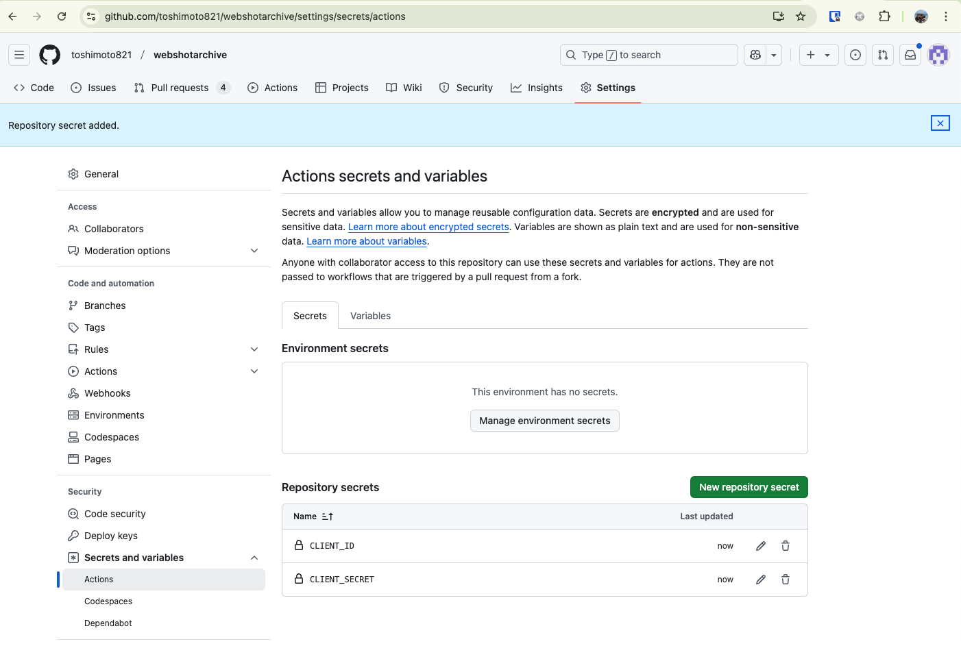 GitHub repository secrets page