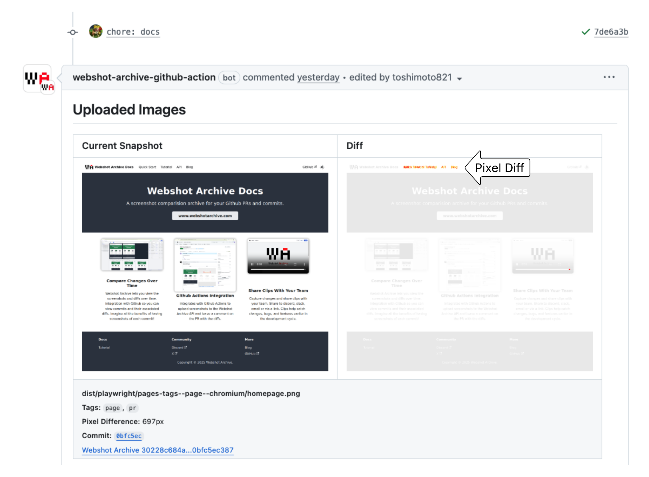 Screenshot comparison in GitHub pull request